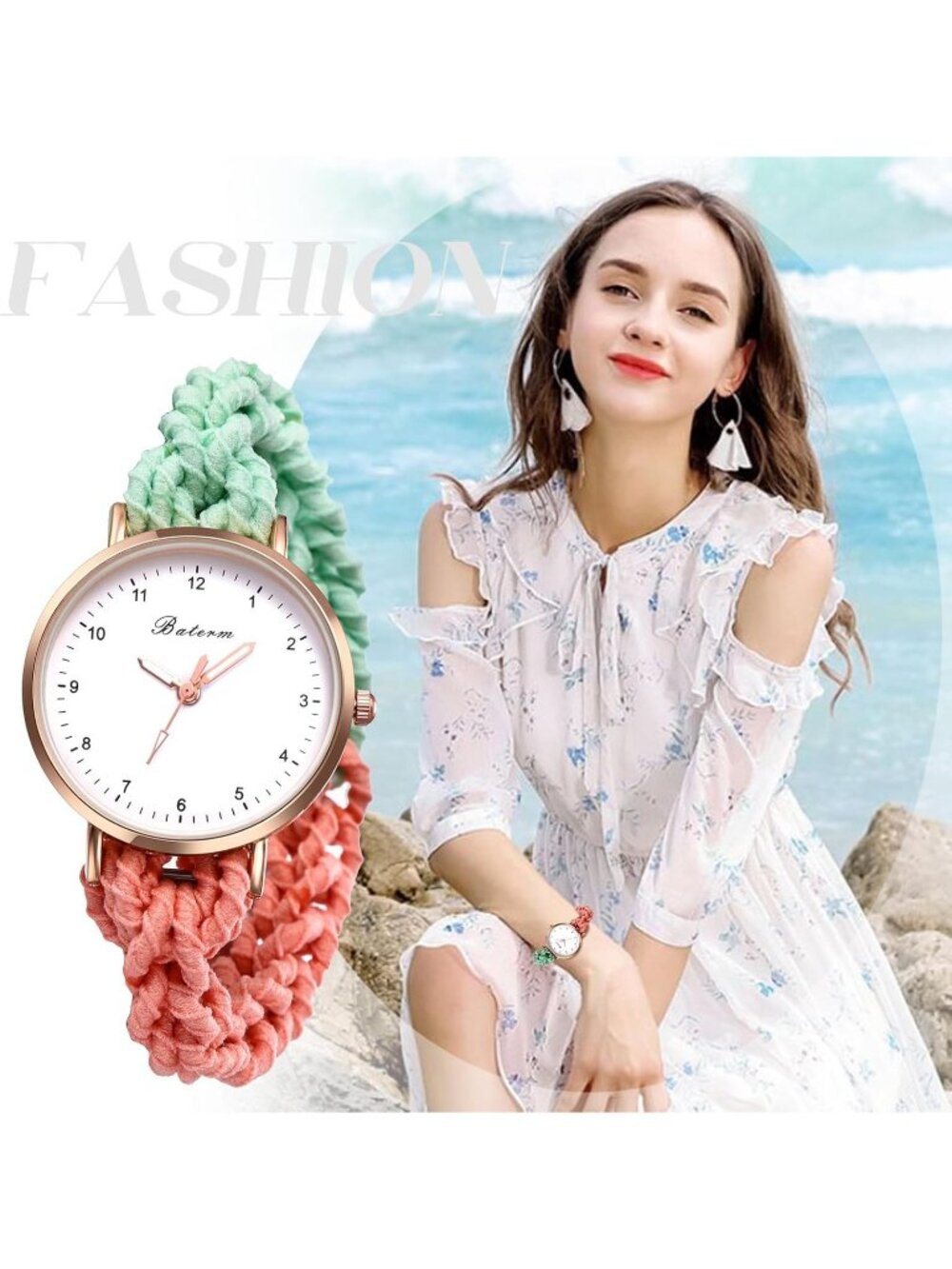 Women's Green Orange Analog Stretch Band Elastic Colorful Weave Rope Wrist Watch - Picture 6 of 6